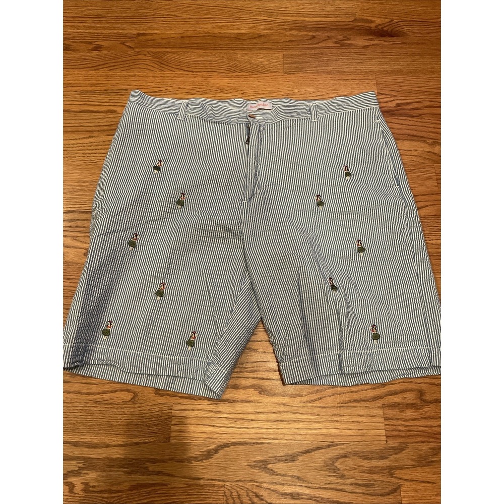 Barry Bricken Mens Shorts 42 Blue White Seersucker Hula Girl Embroidered Striped
